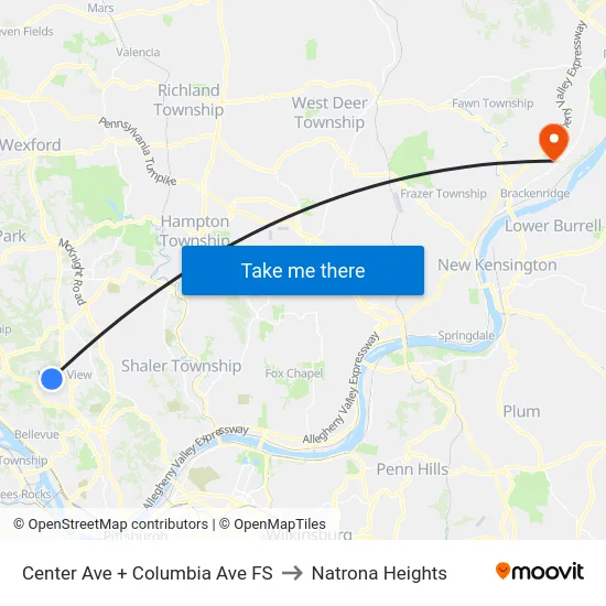 Center Ave + Columbia Ave FS to Natrona Heights map