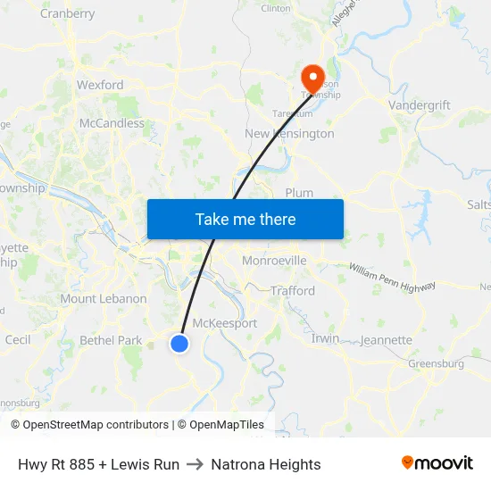 Hwy Rt 885 + Lewis Run to Natrona Heights map