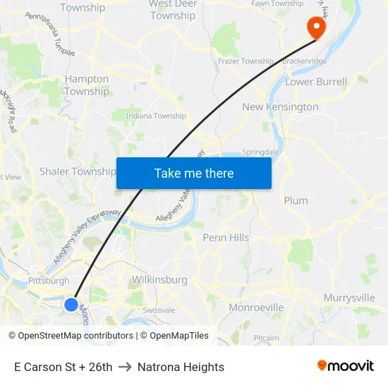 E Carson St + 26th to Natrona Heights map