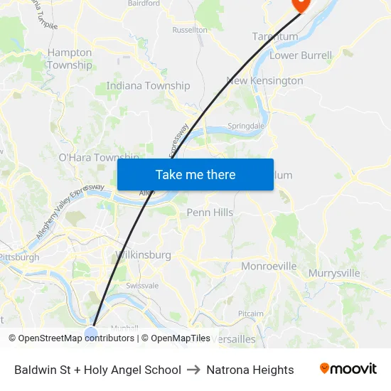 Baldwin St + Holy Angel School to Natrona Heights map