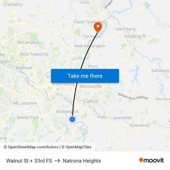 Walnut St + 33rd FS to Natrona Heights map