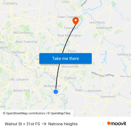 Walnut St + 31st FS to Natrona Heights map