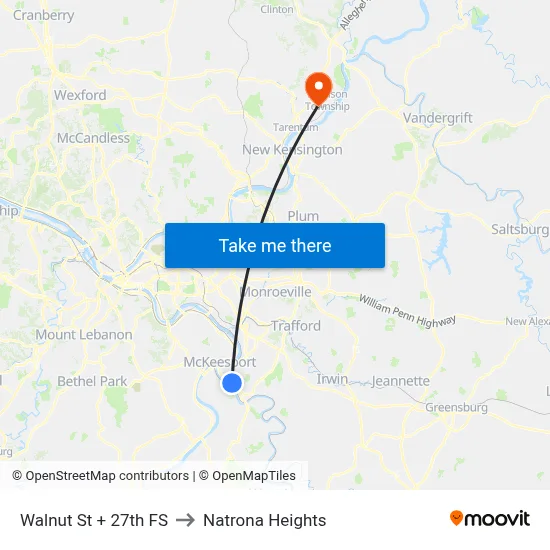 Walnut St + 27th FS to Natrona Heights map