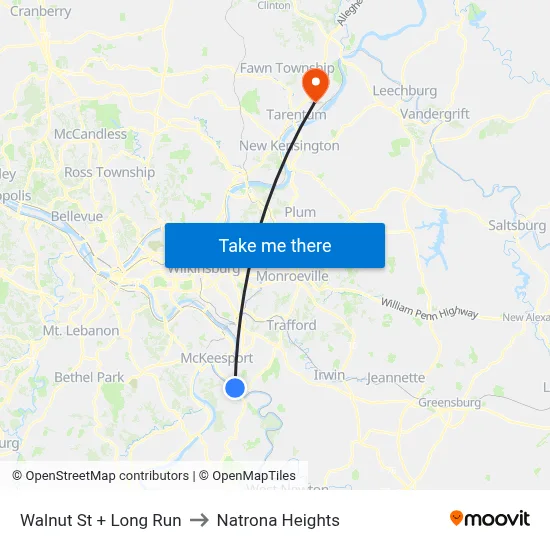 Walnut St + Long Run to Natrona Heights map