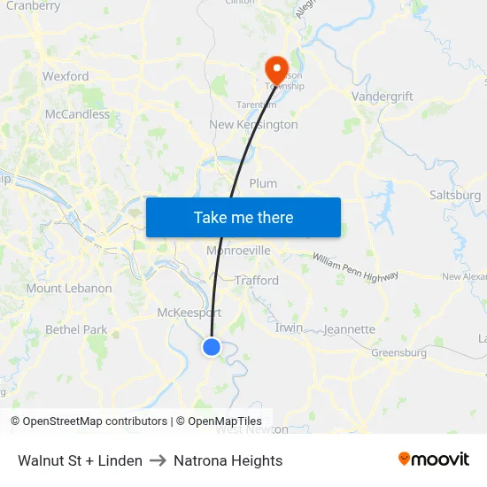 Walnut St + Linden to Natrona Heights map