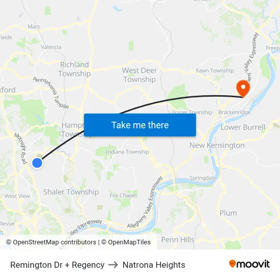 Remington Dr + Regency to Natrona Heights map