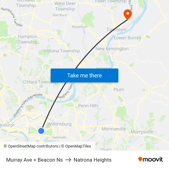 Murray Ave + Beacon Ns to Natrona Heights map
