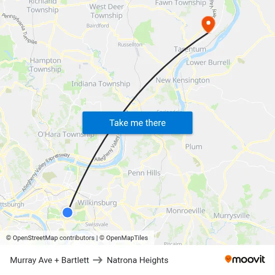 Murray Ave + Bartlett to Natrona Heights map