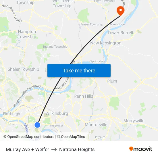 Murray Ave + Welfer to Natrona Heights map