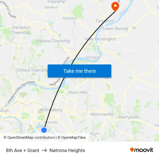 8th Ave + Grant to Natrona Heights map
