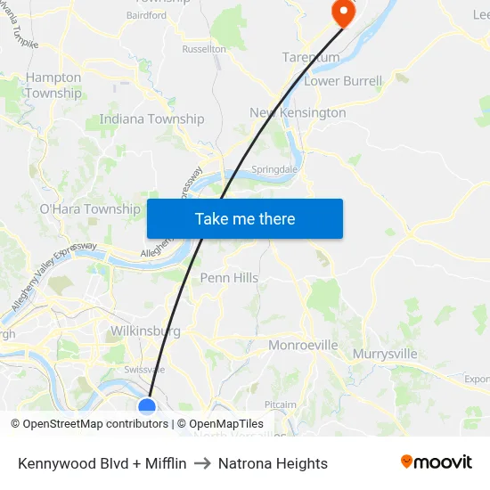 Kennywood Blvd + Mifflin to Natrona Heights map