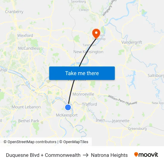 Duquesne Blvd + Commonwealth to Natrona Heights map