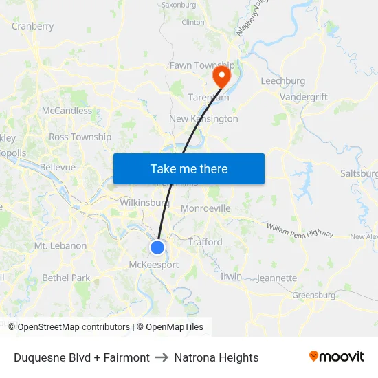 Duquesne Blvd + Fairmont to Natrona Heights map