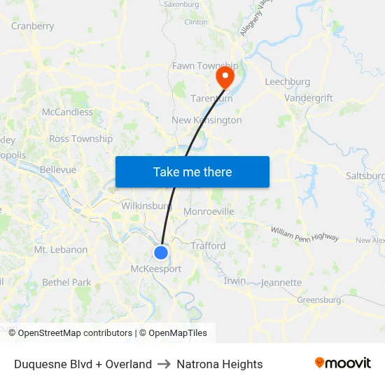 Duquesne Blvd + Overland to Natrona Heights map