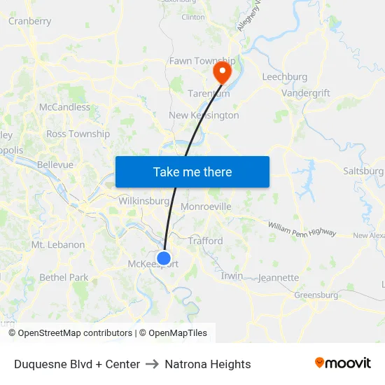 Duquesne Blvd + Center to Natrona Heights map