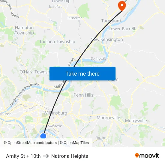 Amity St + 10th to Natrona Heights map
