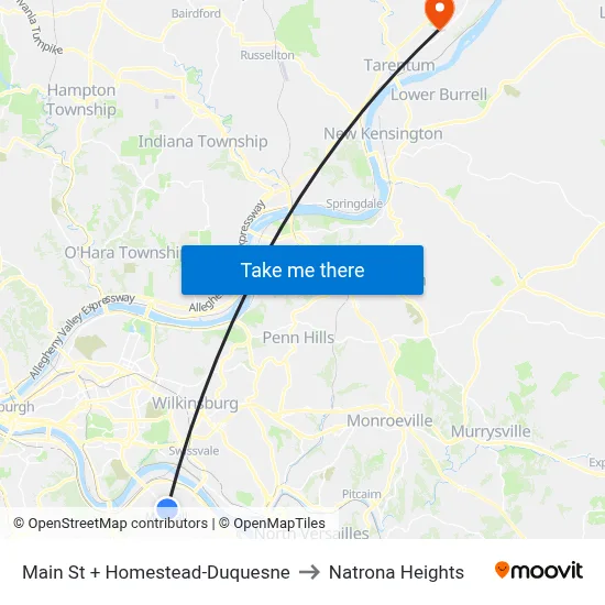 Main St + Homestead-Duquesne to Natrona Heights map