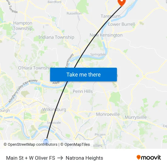 Main St + W Oliver FS to Natrona Heights map