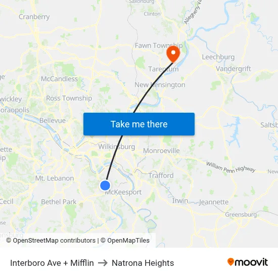Interboro Ave + Mifflin to Natrona Heights map