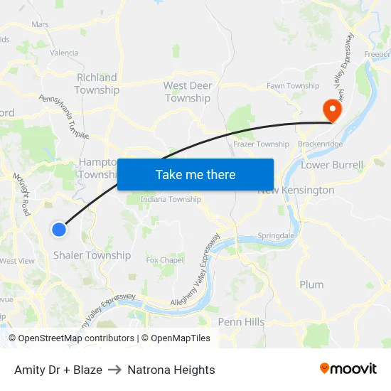 Amity Dr + Blaze to Natrona Heights map
