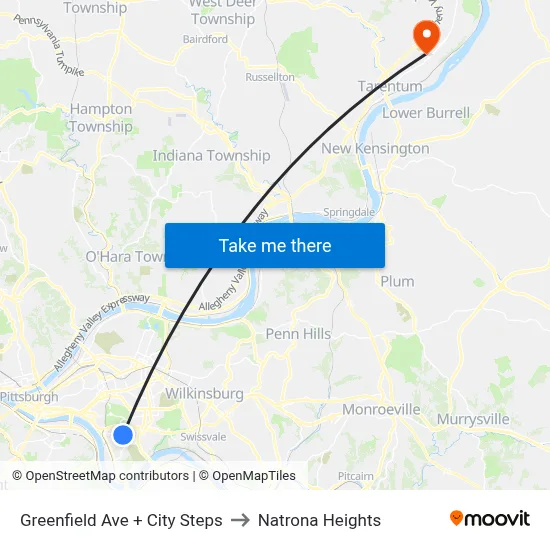 Greenfield Ave + City Steps to Natrona Heights map