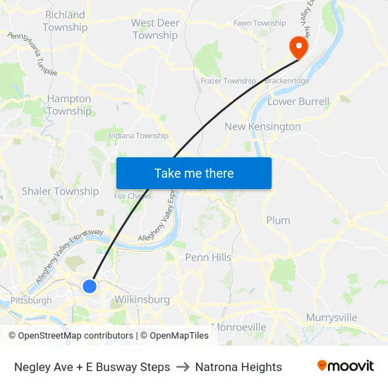 Negley Ave + E Busway Steps to Natrona Heights map