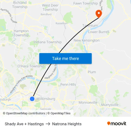 Shady Ave + Hastings to Natrona Heights map