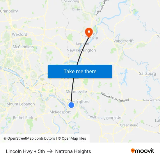 Lincoln Hwy + 5th to Natrona Heights map