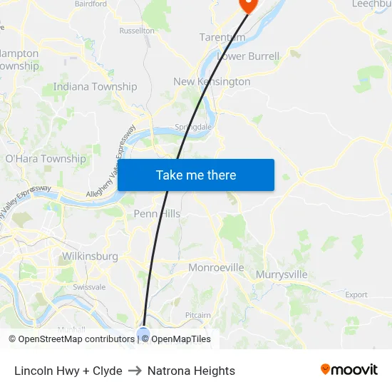 Lincoln Hwy + Clyde to Natrona Heights map