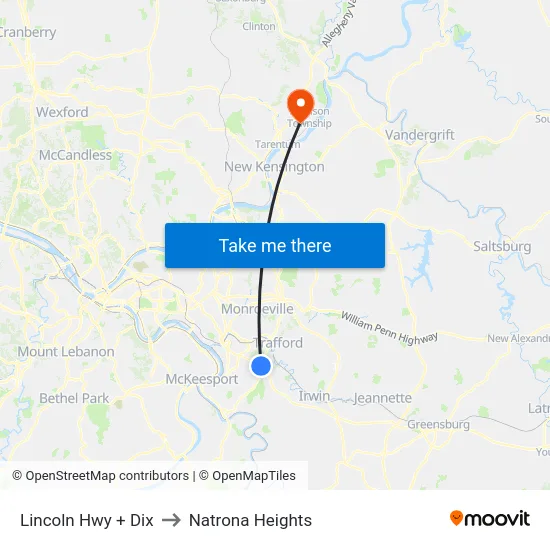 Lincoln Hwy + Dix to Natrona Heights map