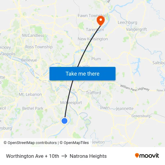 Worthington Ave + 10th to Natrona Heights map