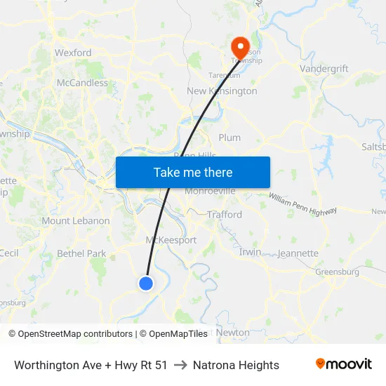 Worthington Ave + Hwy Rt 51 to Natrona Heights map