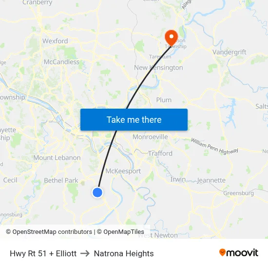 Hwy Rt 51 + Elliott to Natrona Heights map