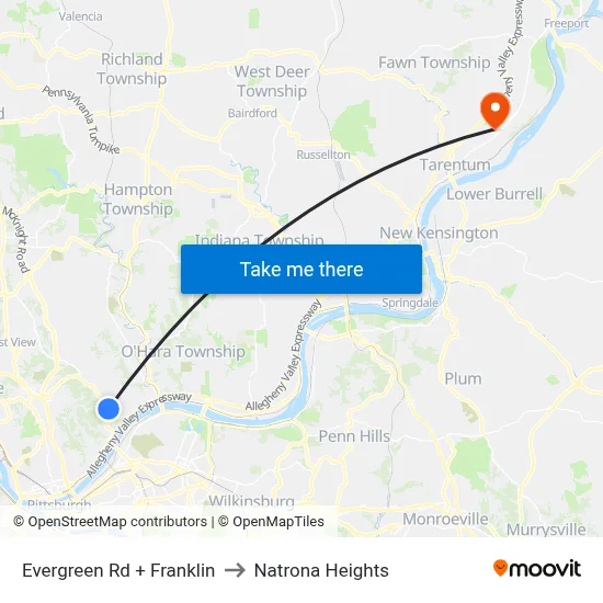 Evergreen Rd + Franklin to Natrona Heights map