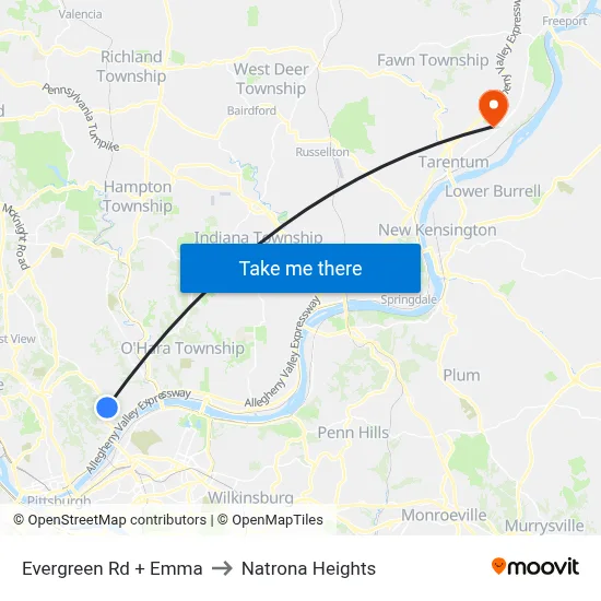 Evergreen Rd + Emma to Natrona Heights map