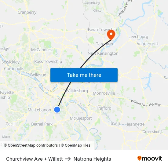 Churchview Ave + Willett to Natrona Heights map