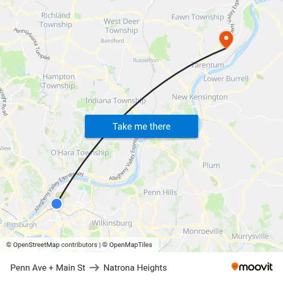 Penn Ave + Main St to Natrona Heights map