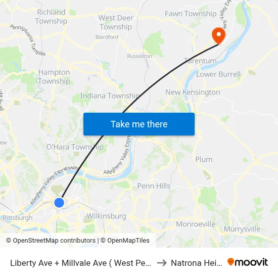 Liberty Ave + Millvale Ave ( West Penn Hosp) to Natrona Heights map