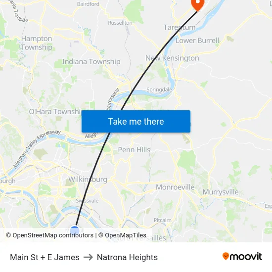 Main St + E James to Natrona Heights map