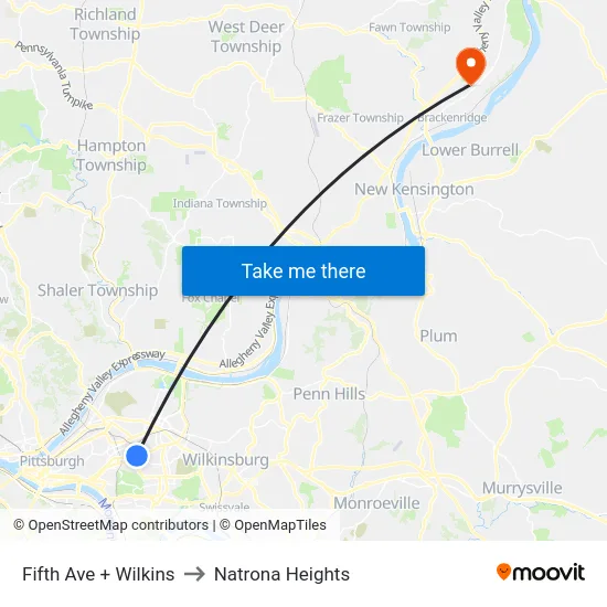 Fifth Ave + Wilkins to Natrona Heights map