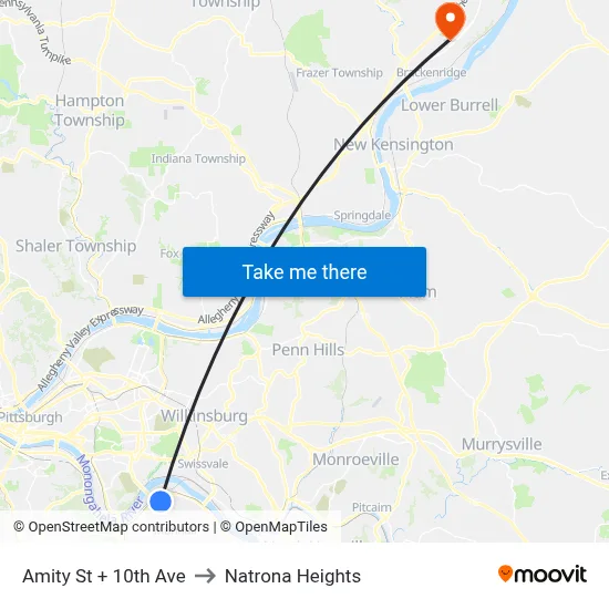 Amity St + 10th Ave to Natrona Heights map