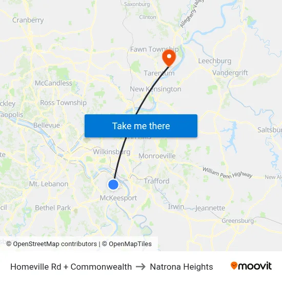 Homeville Rd + Commonwealth to Natrona Heights map
