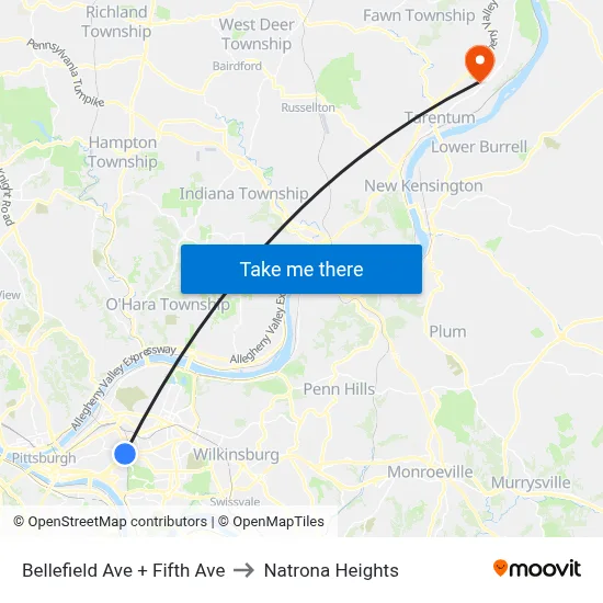Bellefield Ave + Fifth Ave to Natrona Heights map