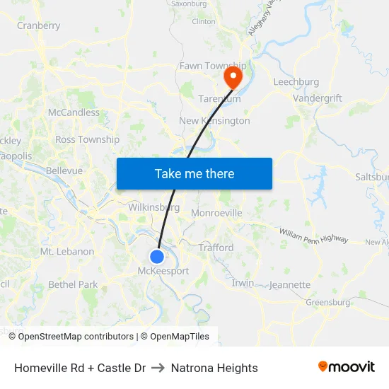 Homeville Rd + Castle Dr to Natrona Heights map