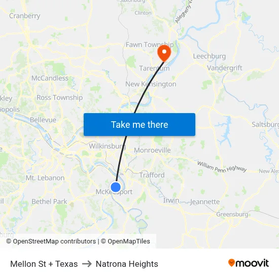 Mellon St + Texas to Natrona Heights map