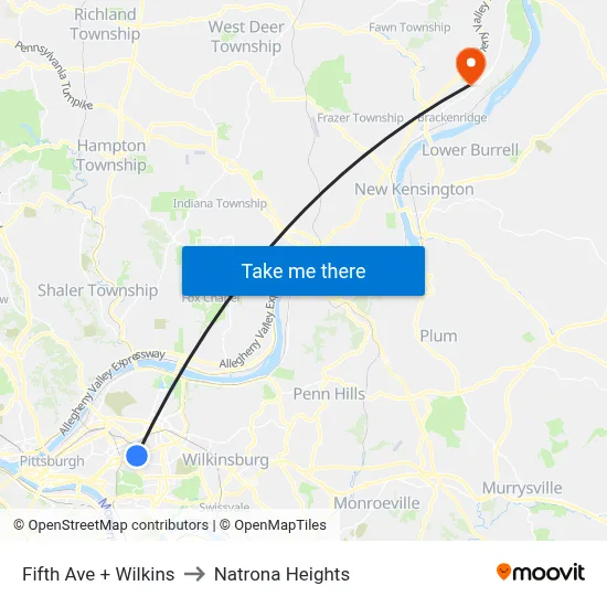 Fifth Ave + Wilkins to Natrona Heights map