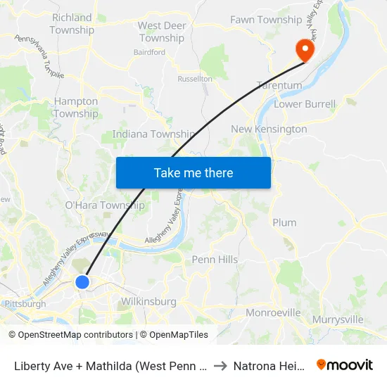 Liberty Ave + Mathilda (West Penn Hosp) to Natrona Heights map