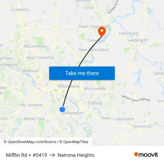 Mifflin Rd + #5419 to Natrona Heights map