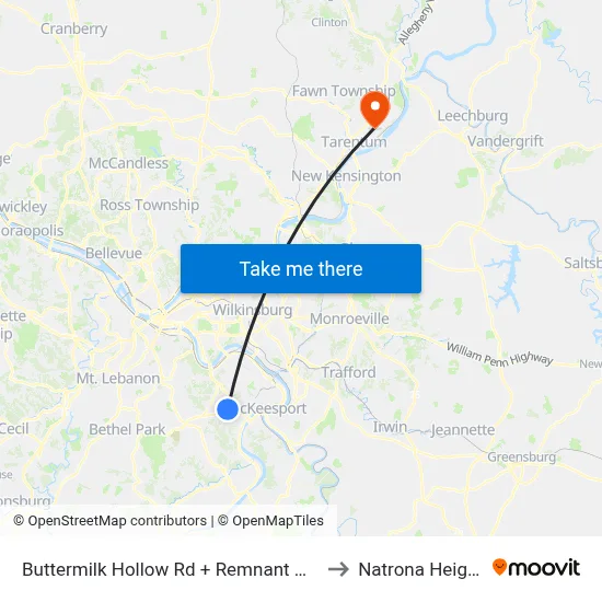 Buttermilk Hollow Rd + Remnant World to Natrona Heights map