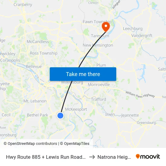 Hwy Route 885 + Lewis Run Road Ns to Natrona Heights map